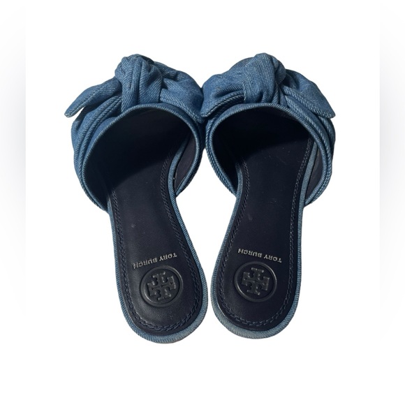 TORY BURCH Annabelle Bow Slide Sandal FLAT SLIP ON DENIM CHAMBRAY 6.5 - Picture 2 of 9